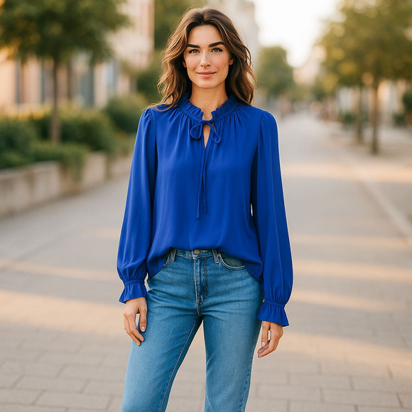 NEW Ming Wang Top Ruffled Tie Keyhole Neck Crepe De Chine Blouse Deep Sky Sz S - Picture 1 of 15